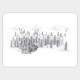 Woodland Retreat Log Cabin Drawing in Black and White Sticker